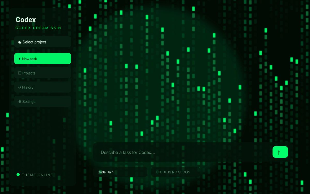 Code Rain — Codex Dream Skin theme preview